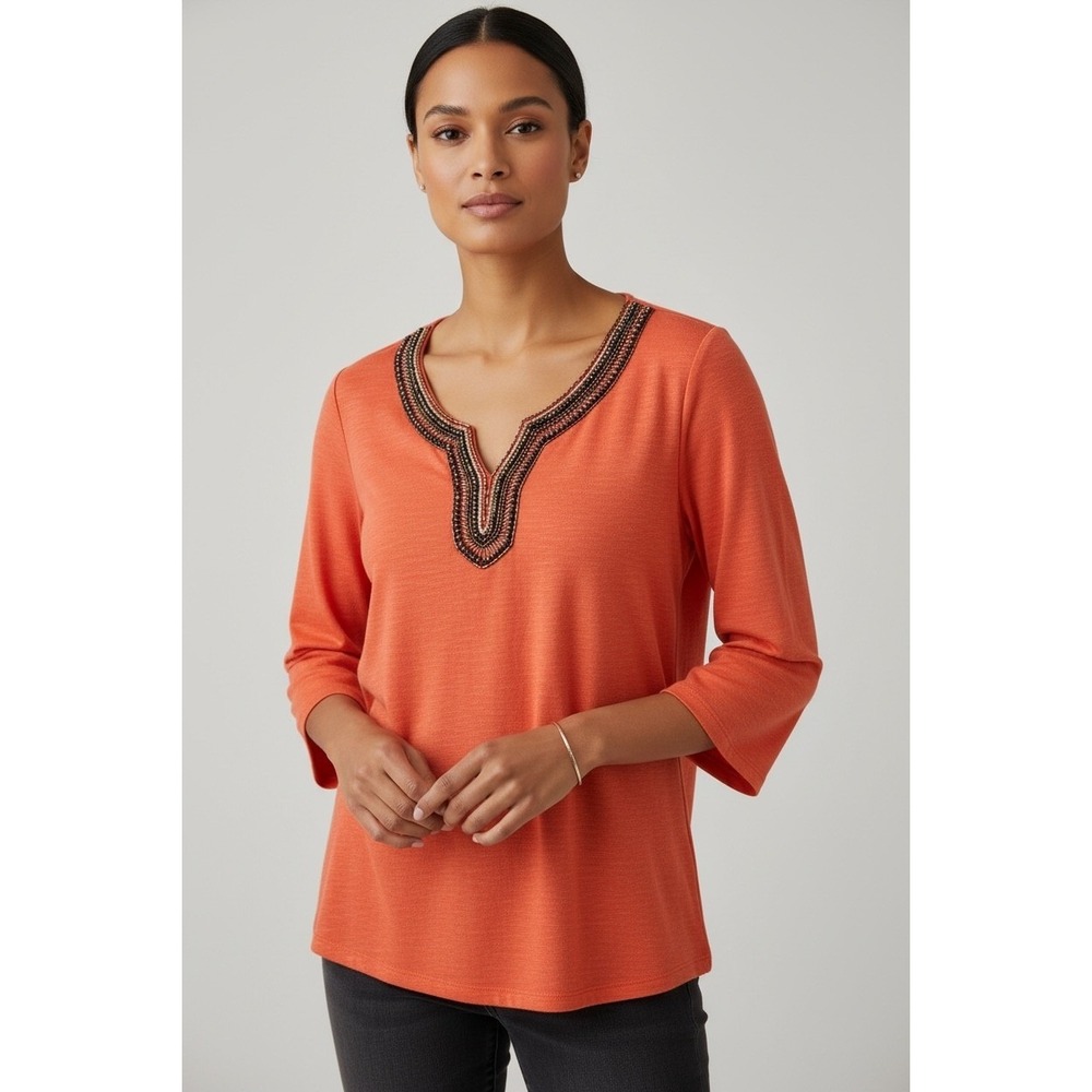 JM Collection Petite XL Salsa Red Beaded Split Neck 3/4 Sleeve Top NEW WITH Tags